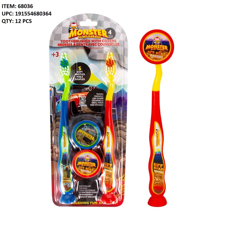 KIDS MONSTER TRUCK TOOTHBRUSH WITH COVER 4PCS