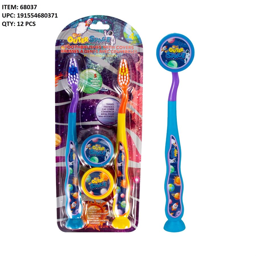 KIDS OUTER SPACE TOOTHBRUSH WITH COVER 4PCS