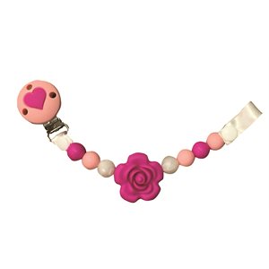 SILICONE PACIFIER HOLDER PINK HEART BUTTON